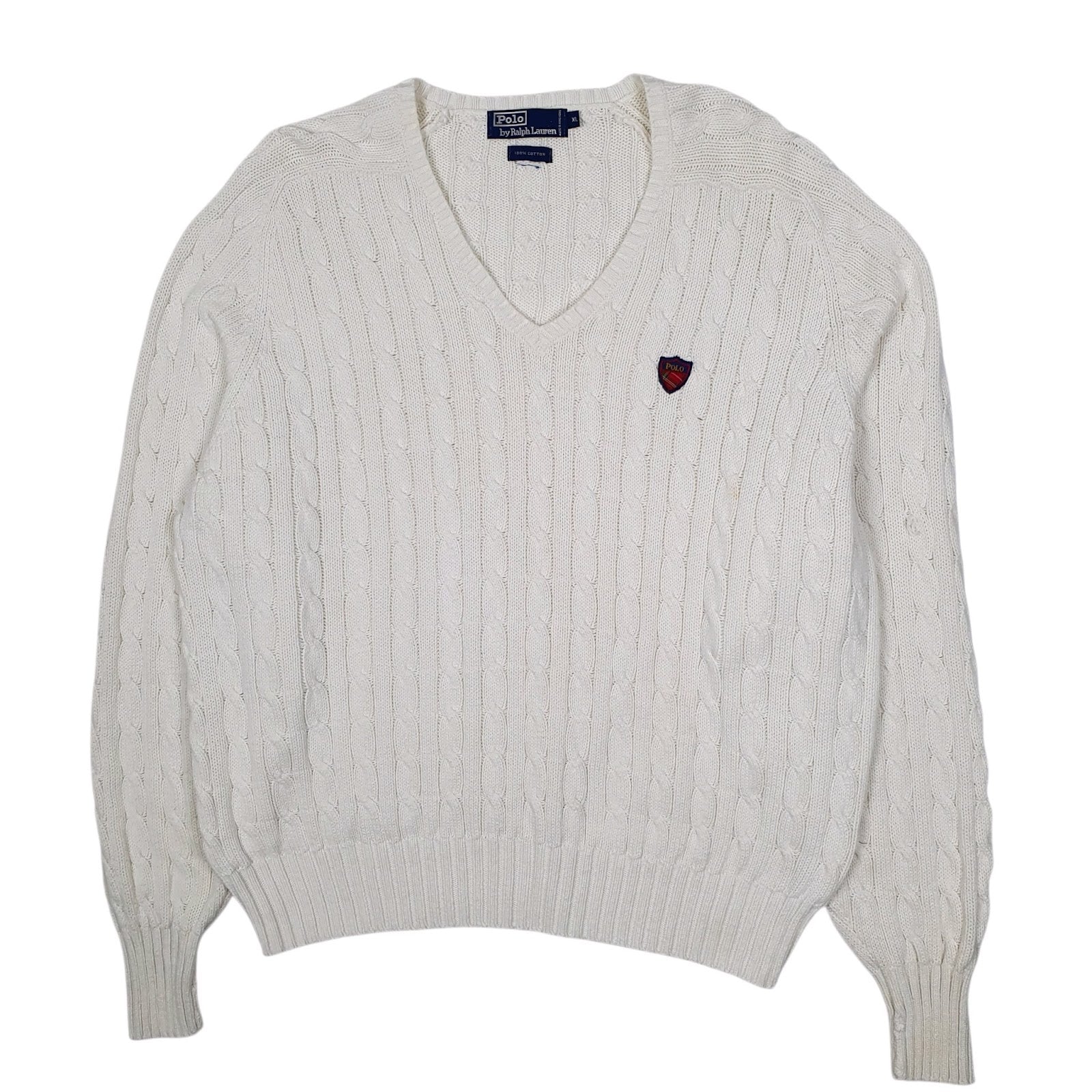 Mens White Polo Ralph Lauren Golf Cable Knit Vintage 90s V Neck Jumper