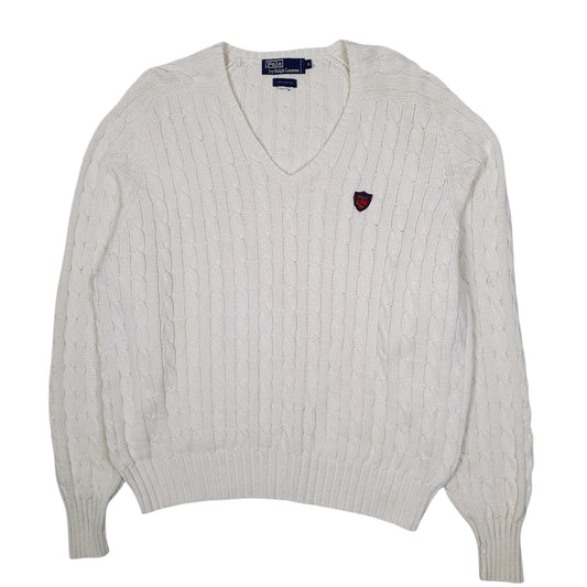 Mens White Polo Ralph Lauren Golf Cable Knit Vintage 90s V Neck Jumper