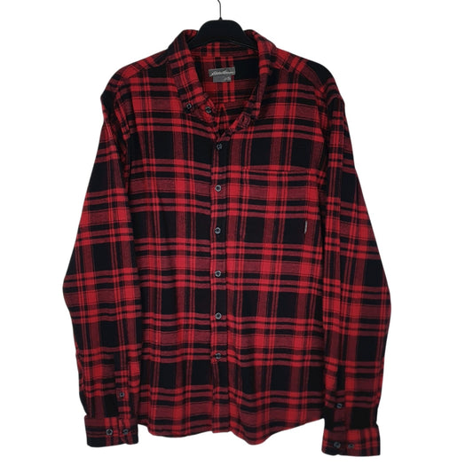 Mens Red Eddie Bauer Heavyweight Plaid Flannel Long Sleeve Shirt