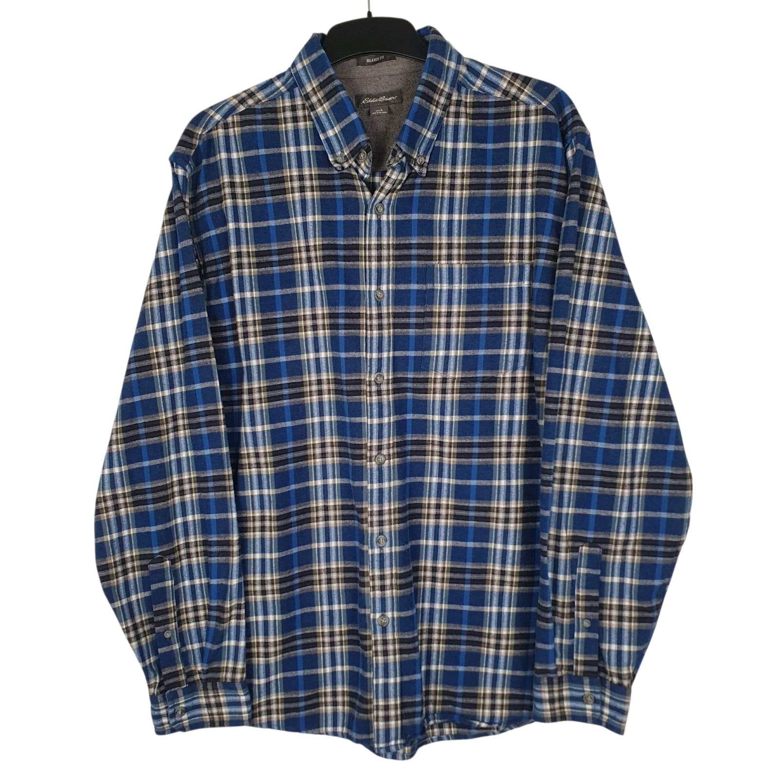 Mens Blue Eddie Bauer Heavyweight Flannel Plaid Long Sleeve Shirt