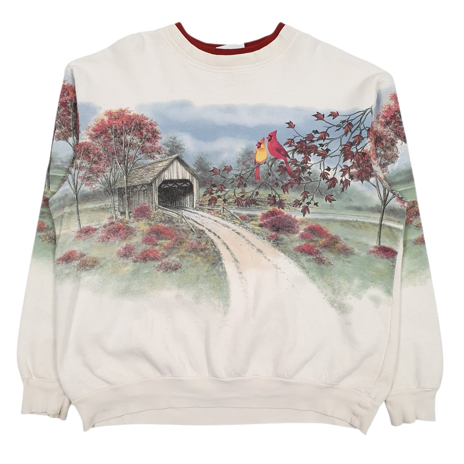 Mens White Morning Sun Graphic Vintage 90s Made In USA Crewneck Jumper