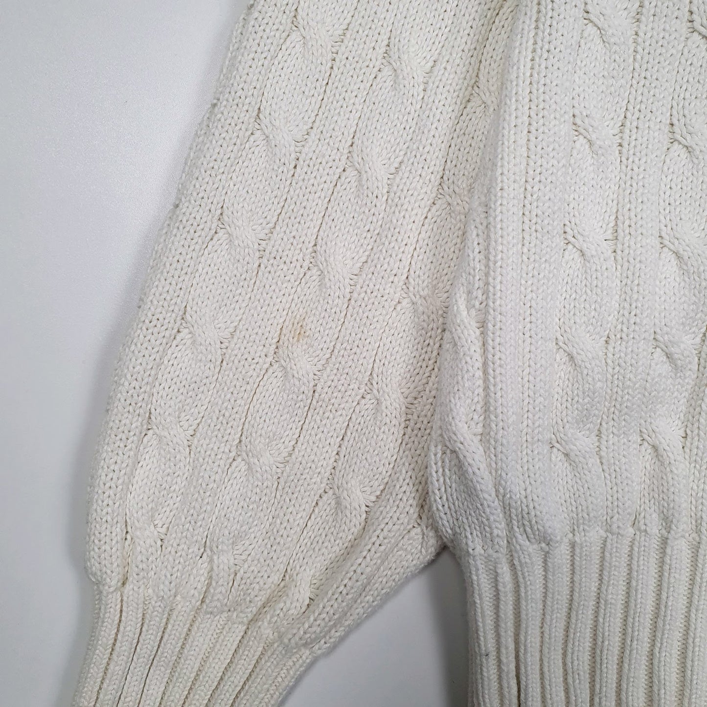Mens White Polo Ralph Lauren Golf Cable Knit Vintage 90s V Neck Jumper