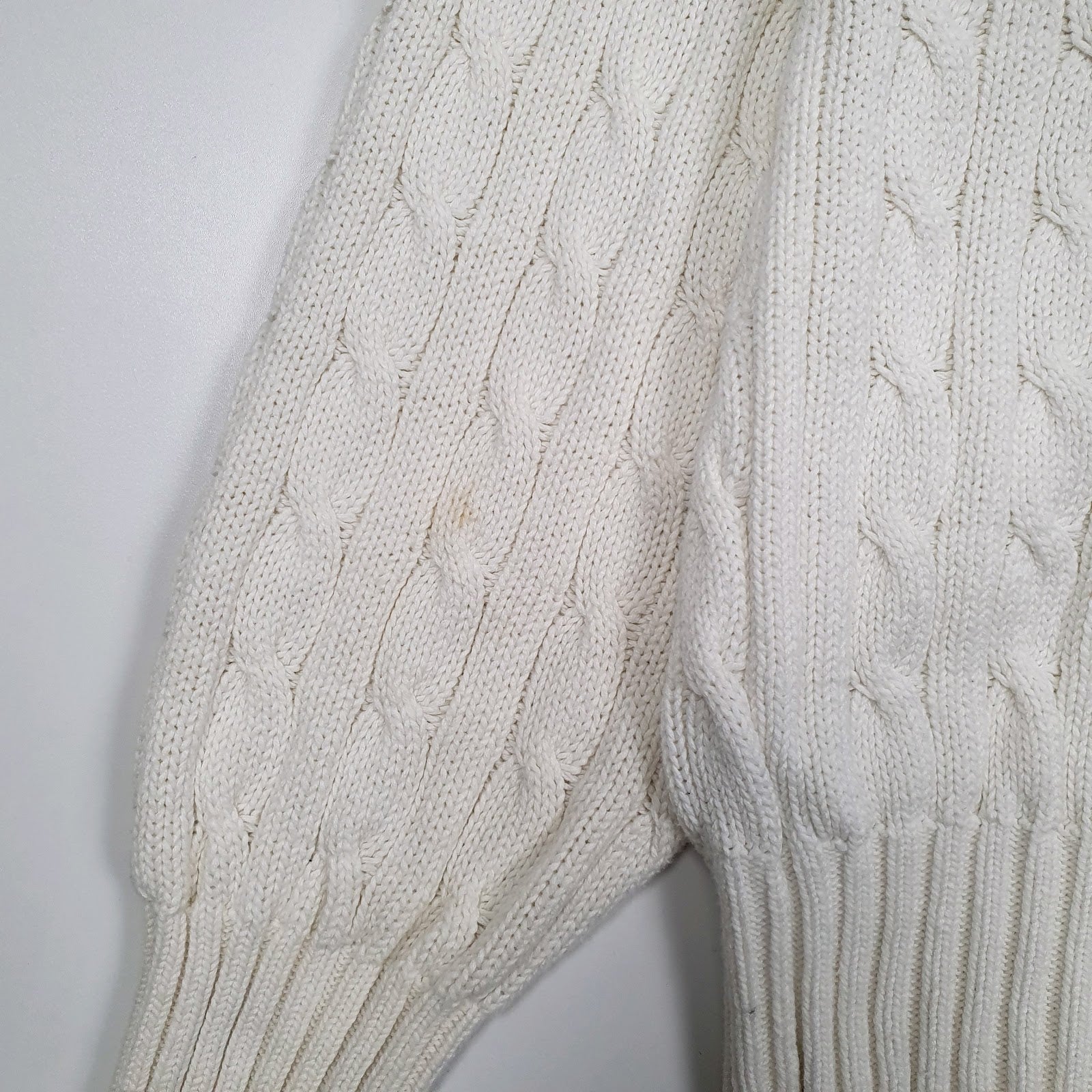 Mens White Polo Ralph Lauren Golf Cable Knit Vintage 90s V Neck Jumper