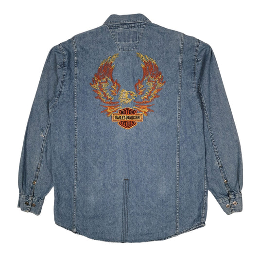 Mens Blue Harley Davidson Vintage 90s Denim  Shirt
