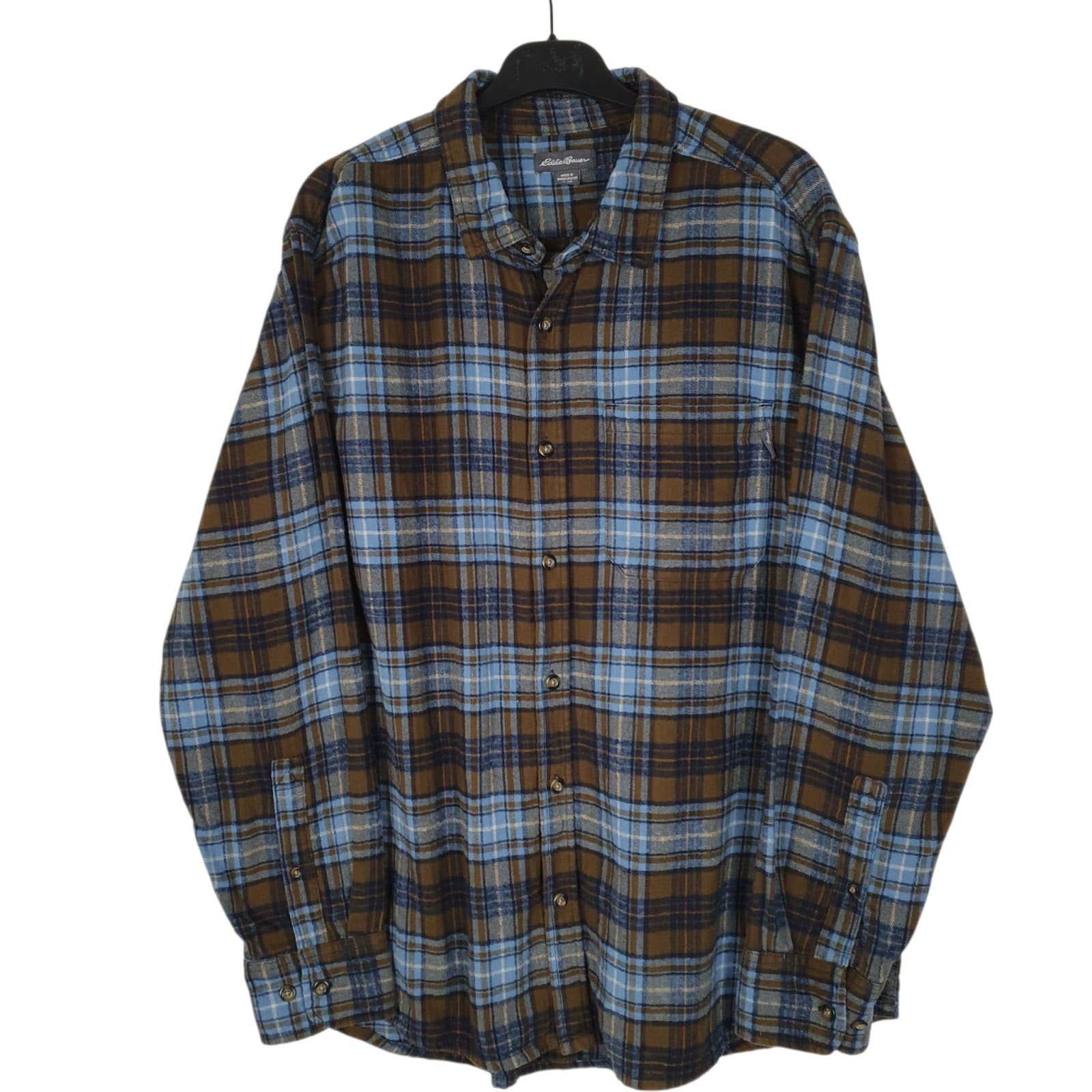 Mens Blue Eddie Bauer Thick Flannel Plaid Long Sleeve Shirt
