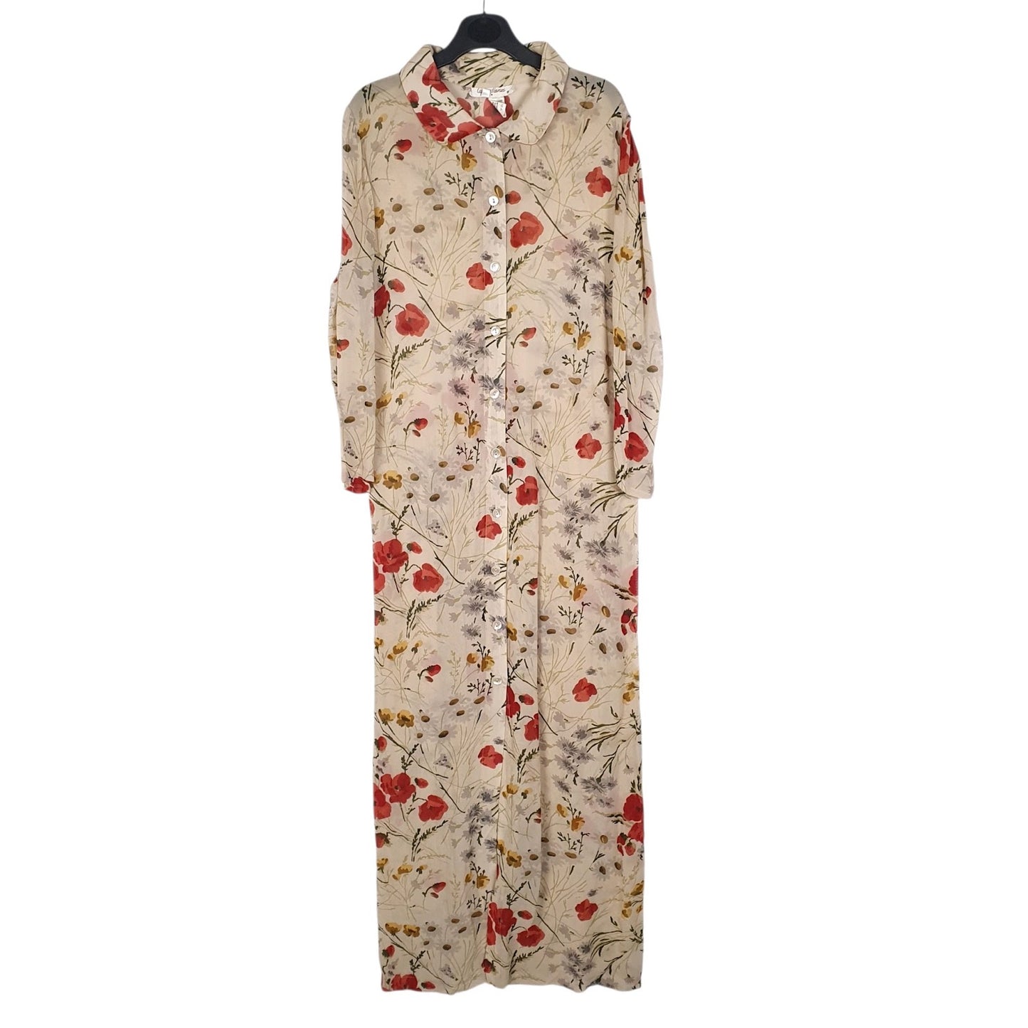 Womens Beige  Vintage Sheer Floral Print Long Sleeve Dress