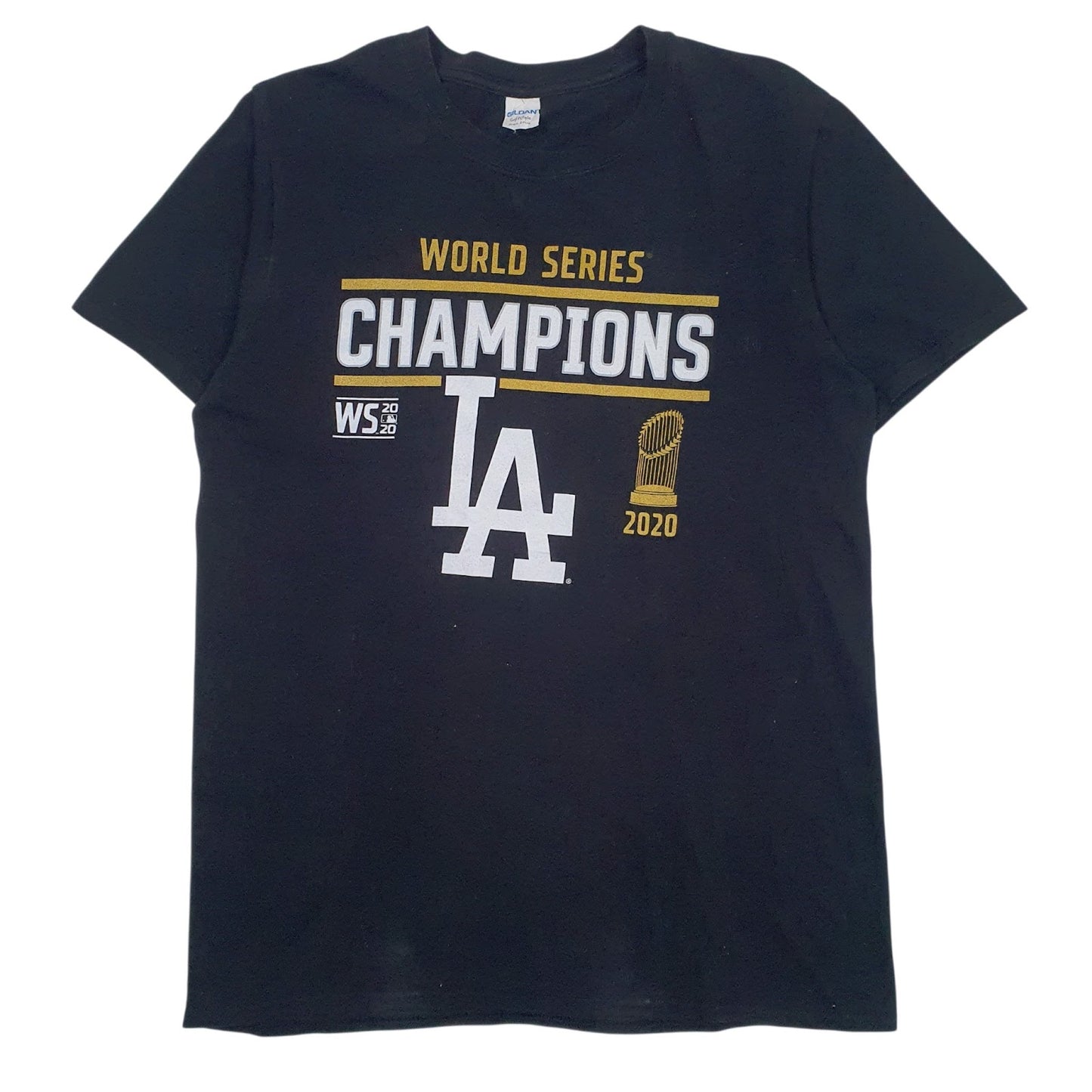 Mens Black Gildan MLB Los Angeles Dodgers World Series Champions Short Sleeve T Shirt