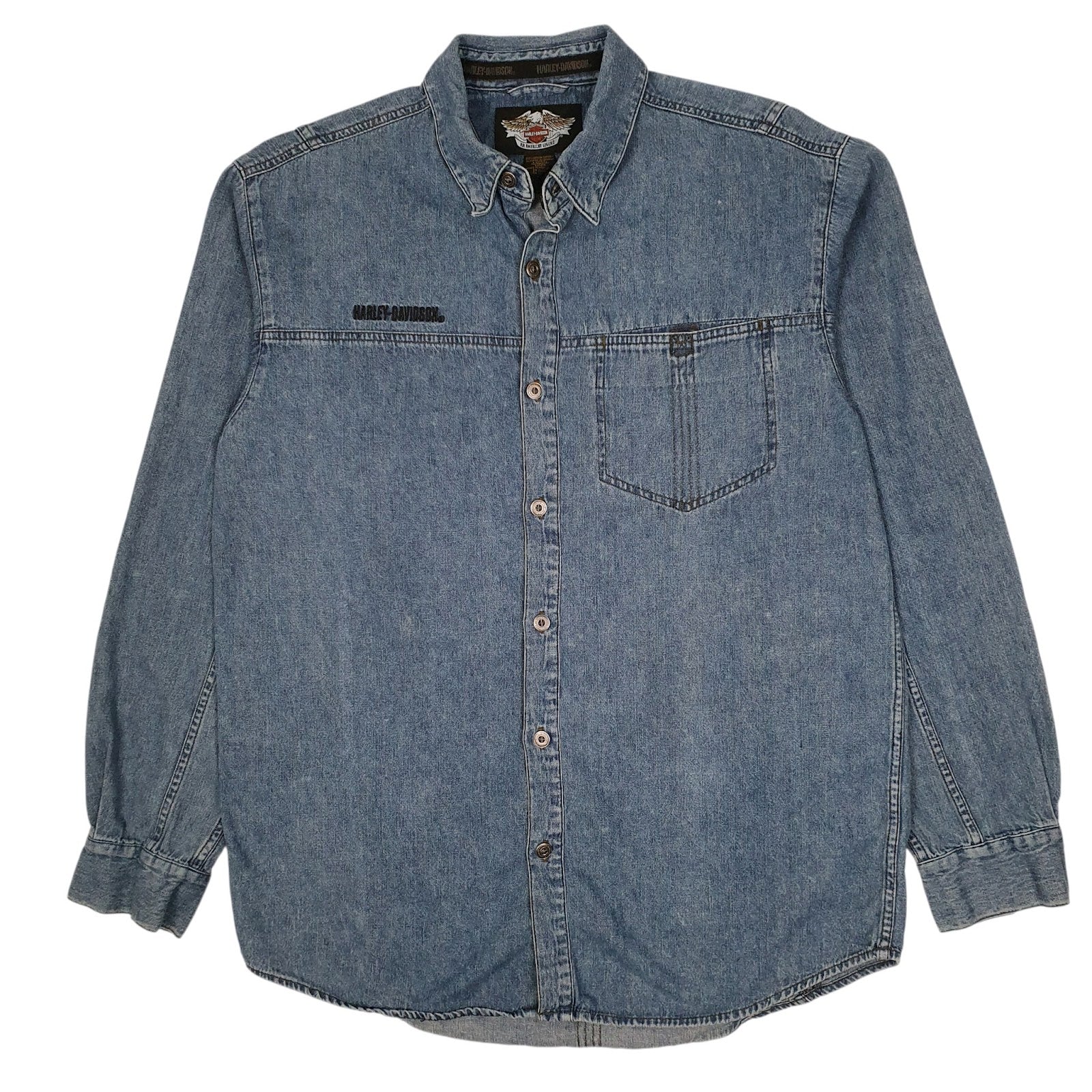 Mens Blue Harley Davidson Vintage 90s Denim Long Sleeve Shirt