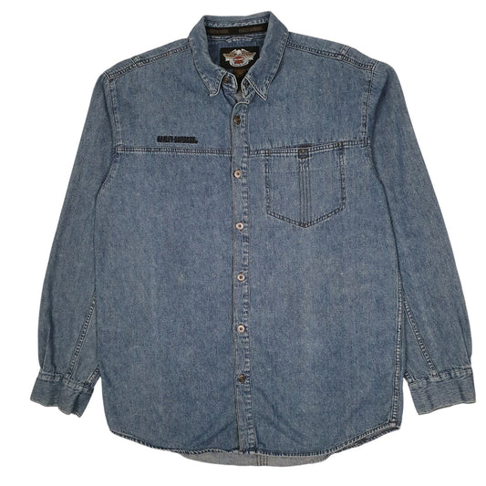 Mens Blue Harley Davidson Vintage 90s Denim Long Sleeve Shirt