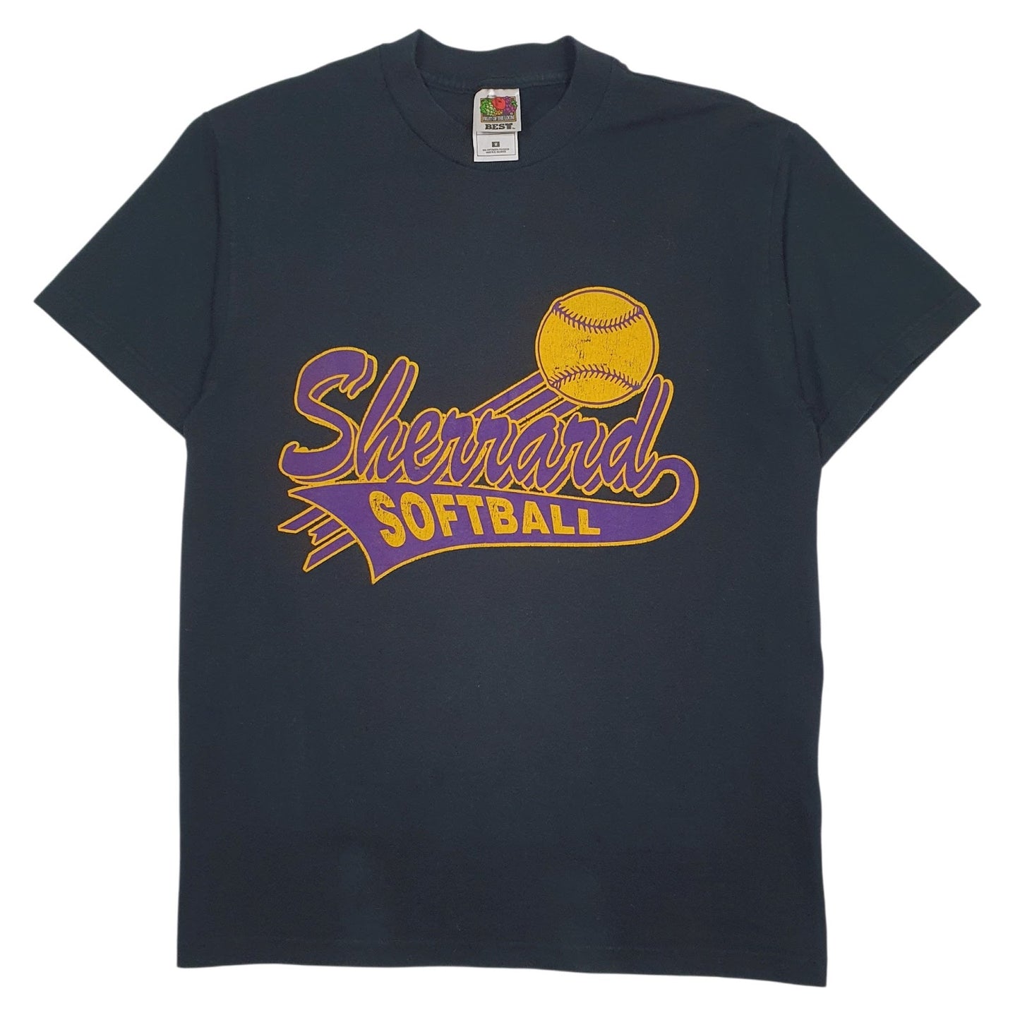 Mens Black Fruit Of The Loom Vintage 00s Softball Short Sleeve T Shirt