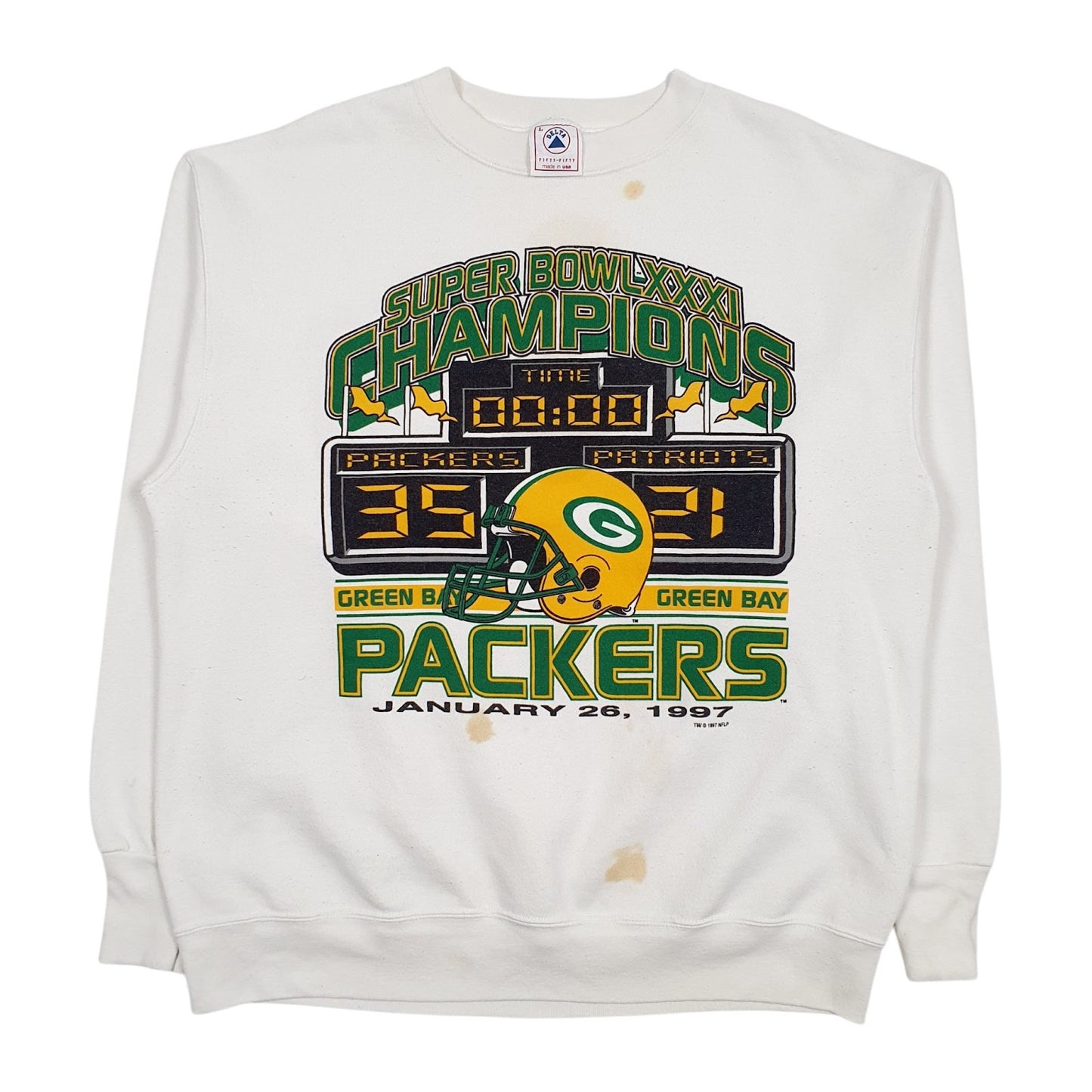 Mens White Delta Vintage 90s Made In USA NFL Superbowl Green Bay Packers Crewneck Jumper