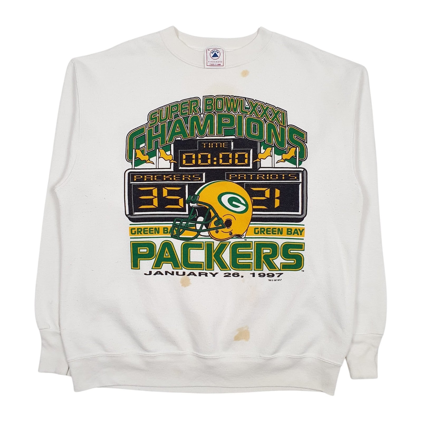 Mens White Delta Vintage 90s Made In USA NFL Superbowl Green Bay Packers Crewneck Jumper