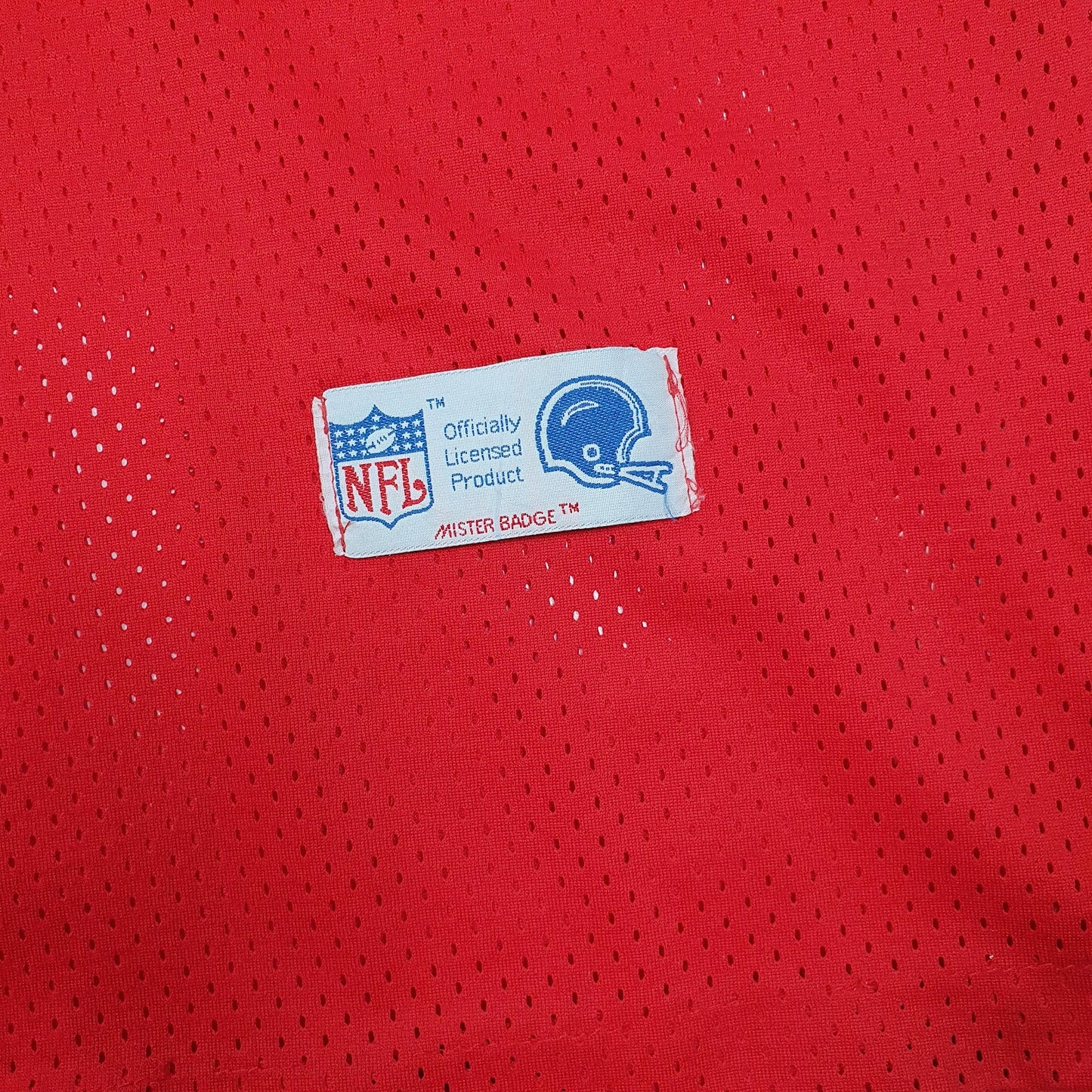 Mens Red NFL Vintage 1980s Mister Badge American Football Jersey  T Shirt