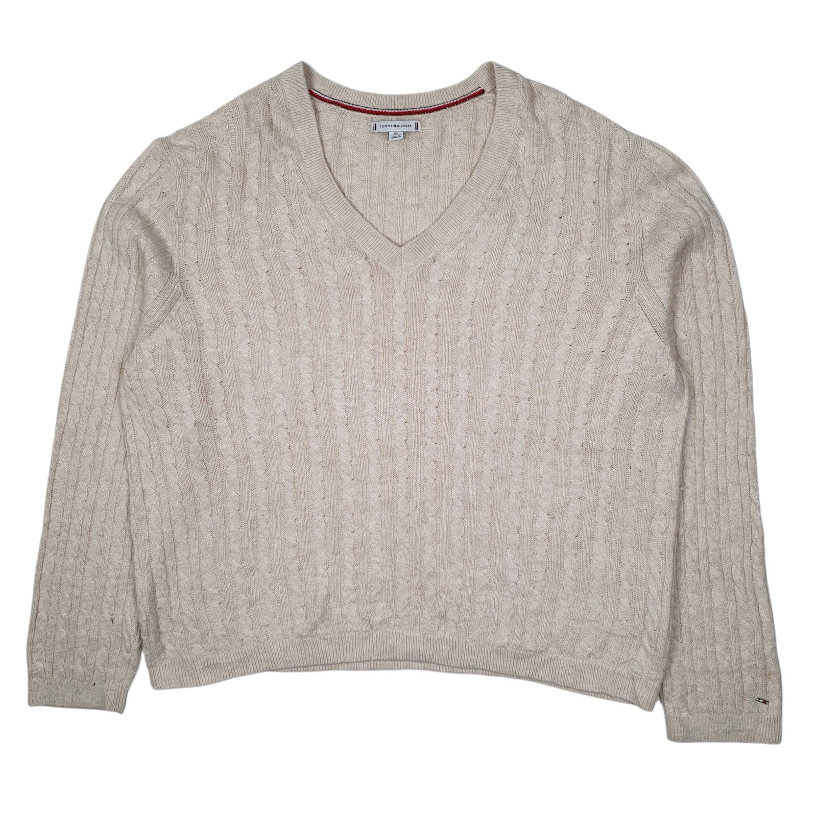 Womens Cream Tommy Hilfiger Cable Knit V Neck Jumper