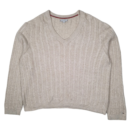 Womens Cream Tommy Hilfiger Cable Knit V Neck Jumper
