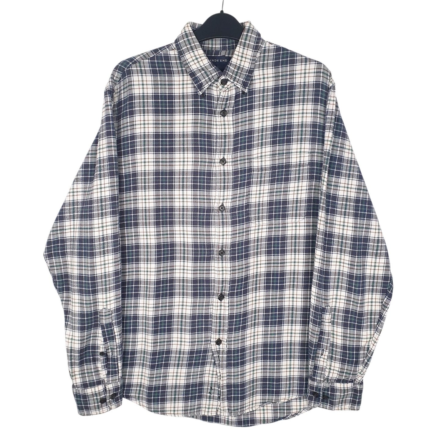 Mens White Lands Ends Flannel Long Sleeve Shirt