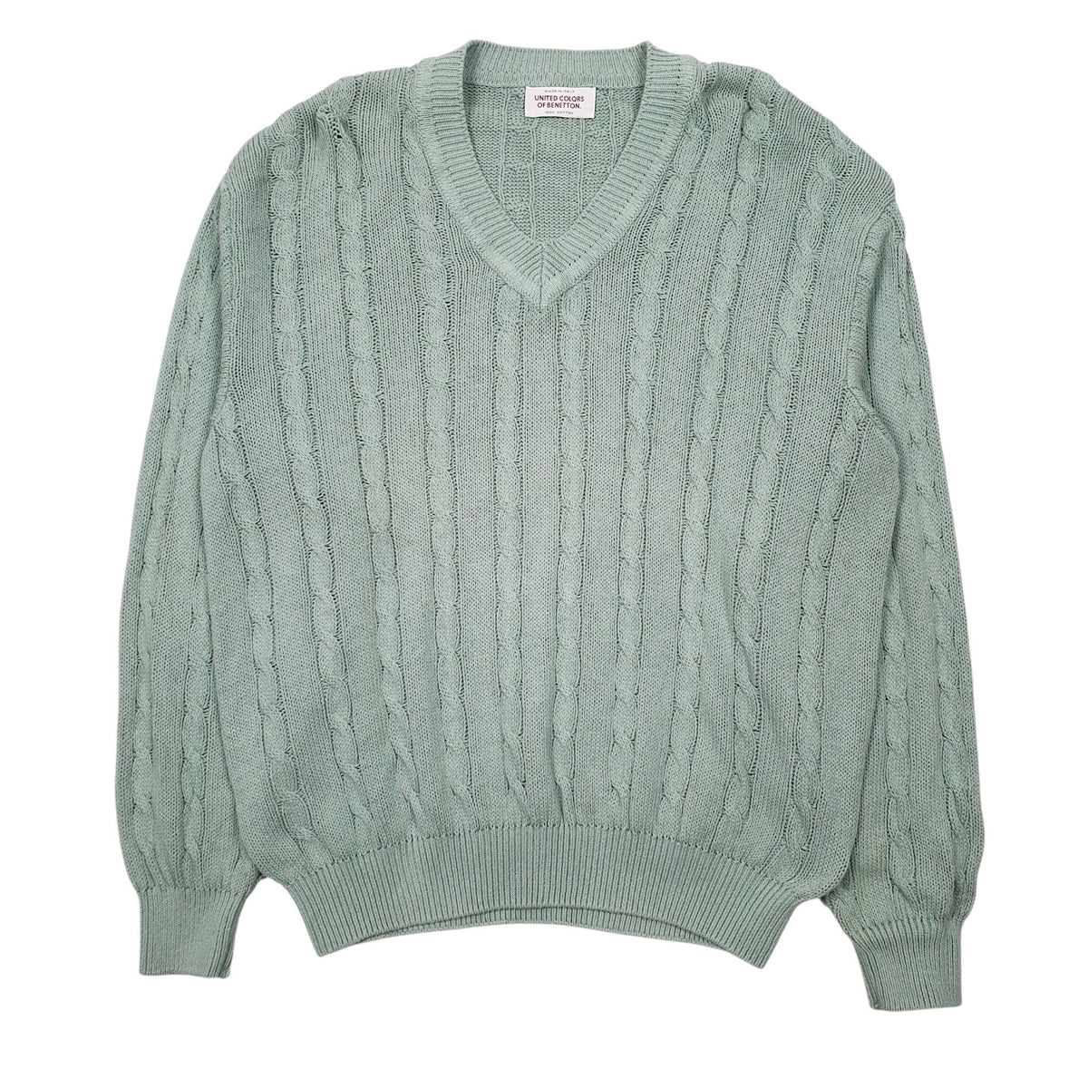 Mens Green United Colors Of Benetton Vintage Cable Knit V Neck Jumper