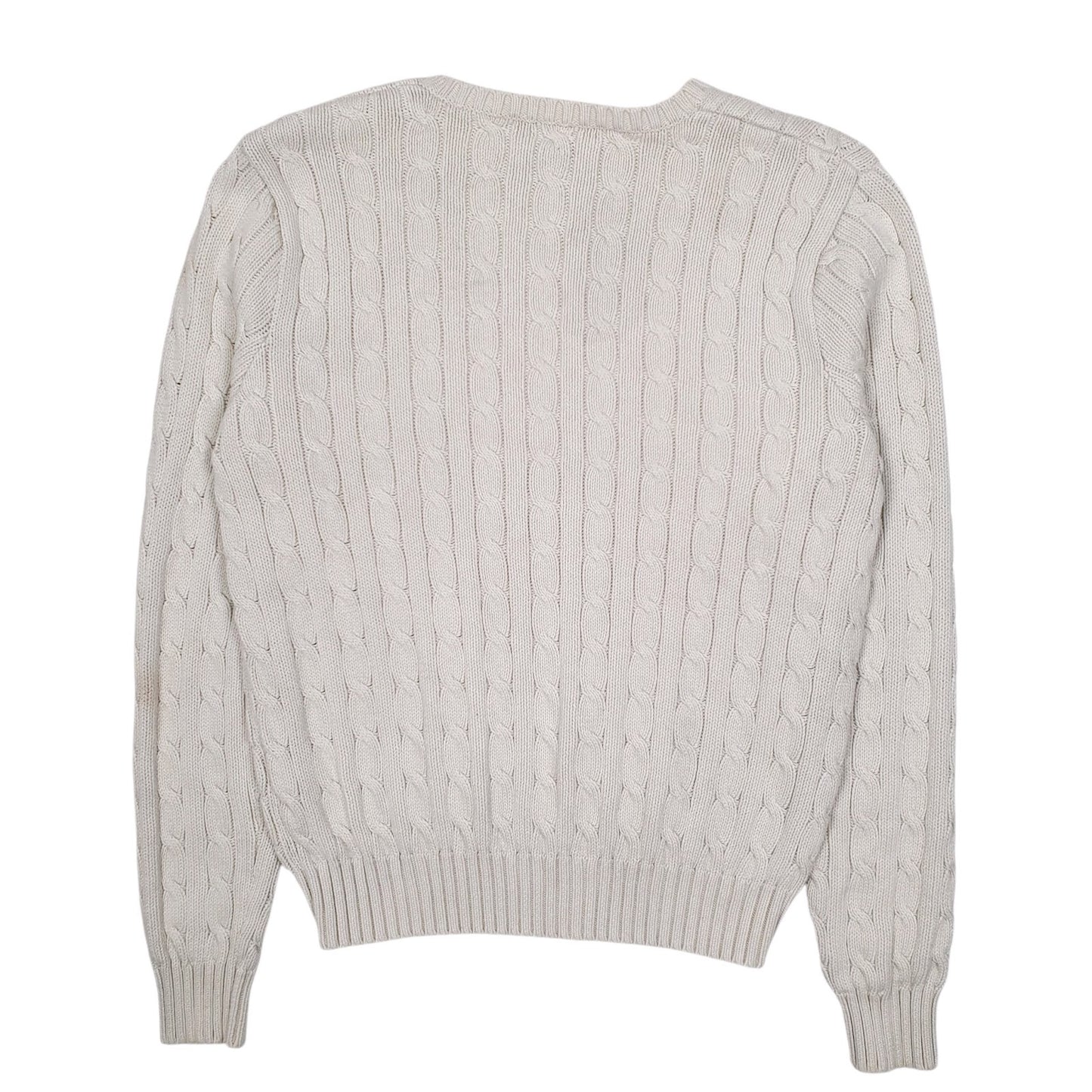 Womens White Polo Ralph Lauren Vintage 90s Cable Knit V Neck Jumper