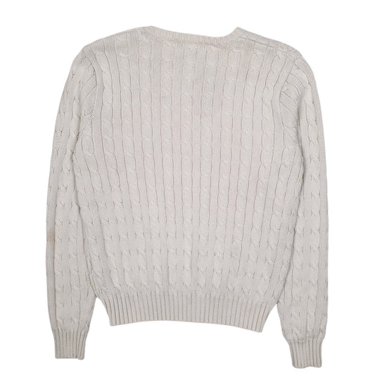 Womens White Polo Ralph Lauren Vintage 90s Cable Knit V Neck Jumper