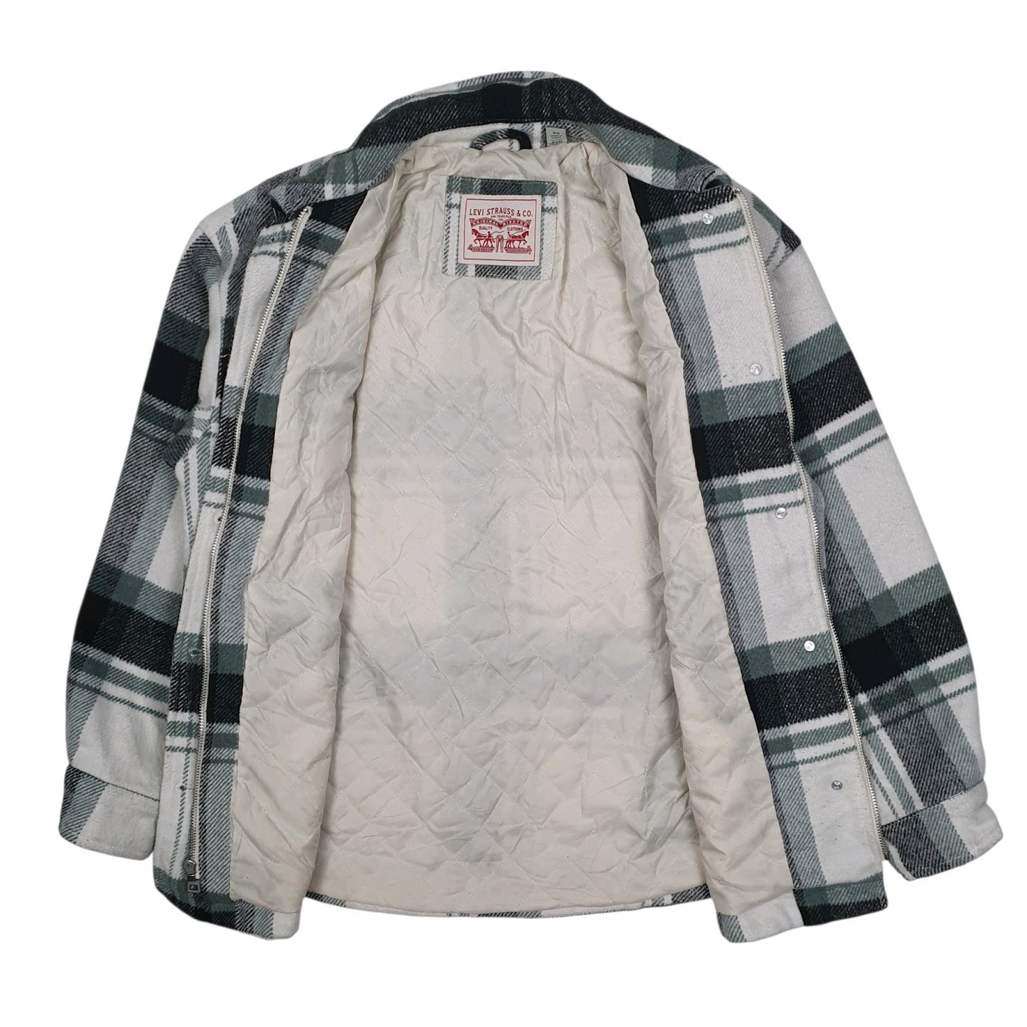 Mens Grey Levis Heavy Plaid Quilt Lined Windbreaker Hoodie Coat