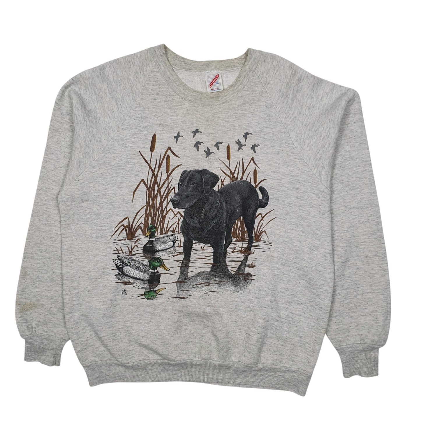 Mens Grey Jerzees Vintage 1980s Made In USA Nature Hunting Dogs Crewneck Jumper