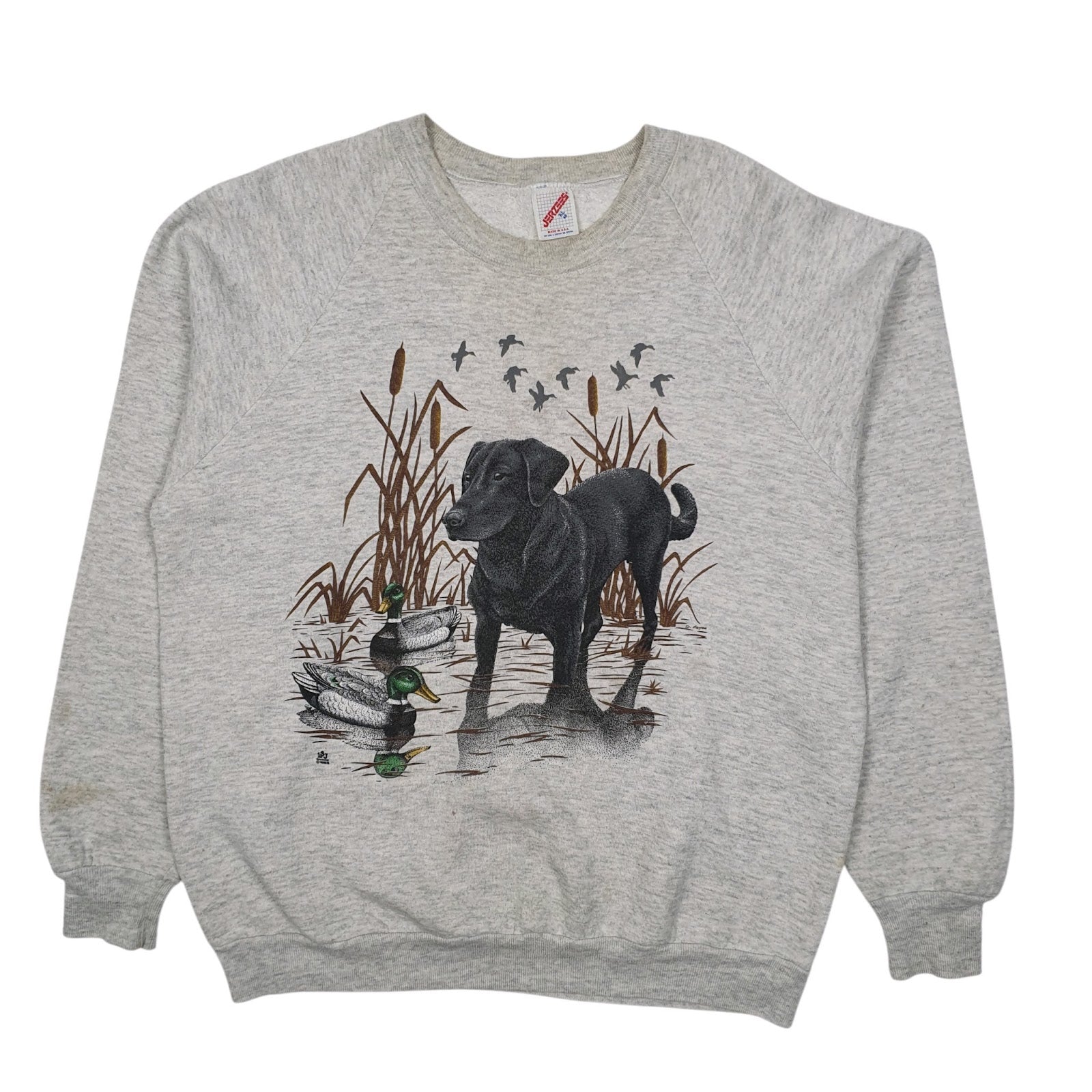 Mens Grey Jerzees Vintage 1980s Made In USA Nature Hunting Dogs Crewneck Jumper