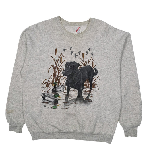 Mens Grey Jerzees Vintage 1980s Made In USA Nature Hunting Dogs Crewneck Jumper