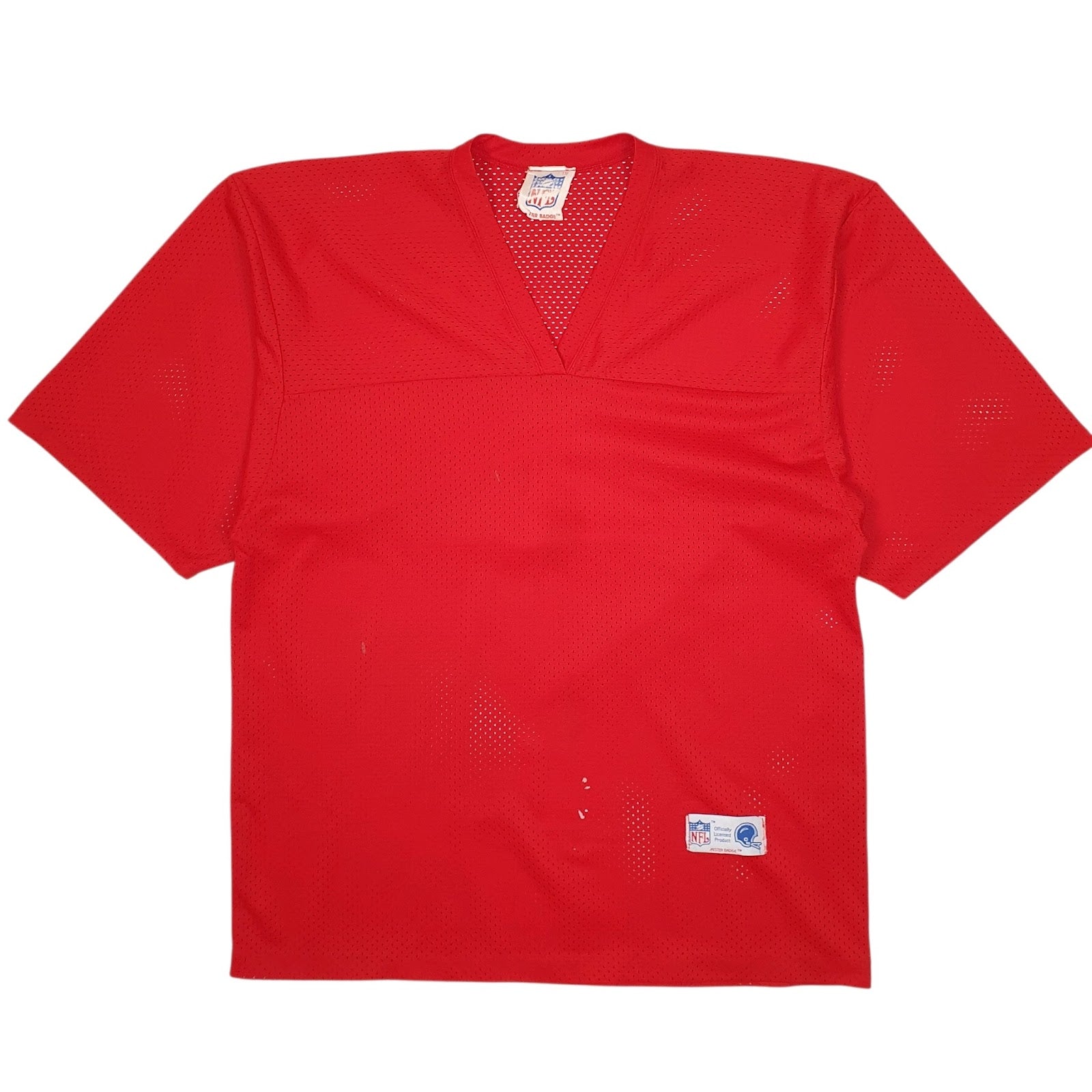 Mens Red NFL Vintage 1980s Mister Badge American Football Jersey Short Sleeve T Shirt
