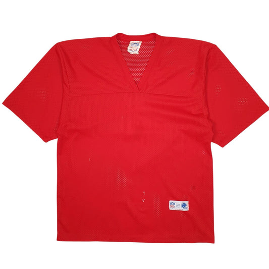 Mens Red NFL Vintage 1980s Mister Badge American Football Jersey Short Sleeve T Shirt