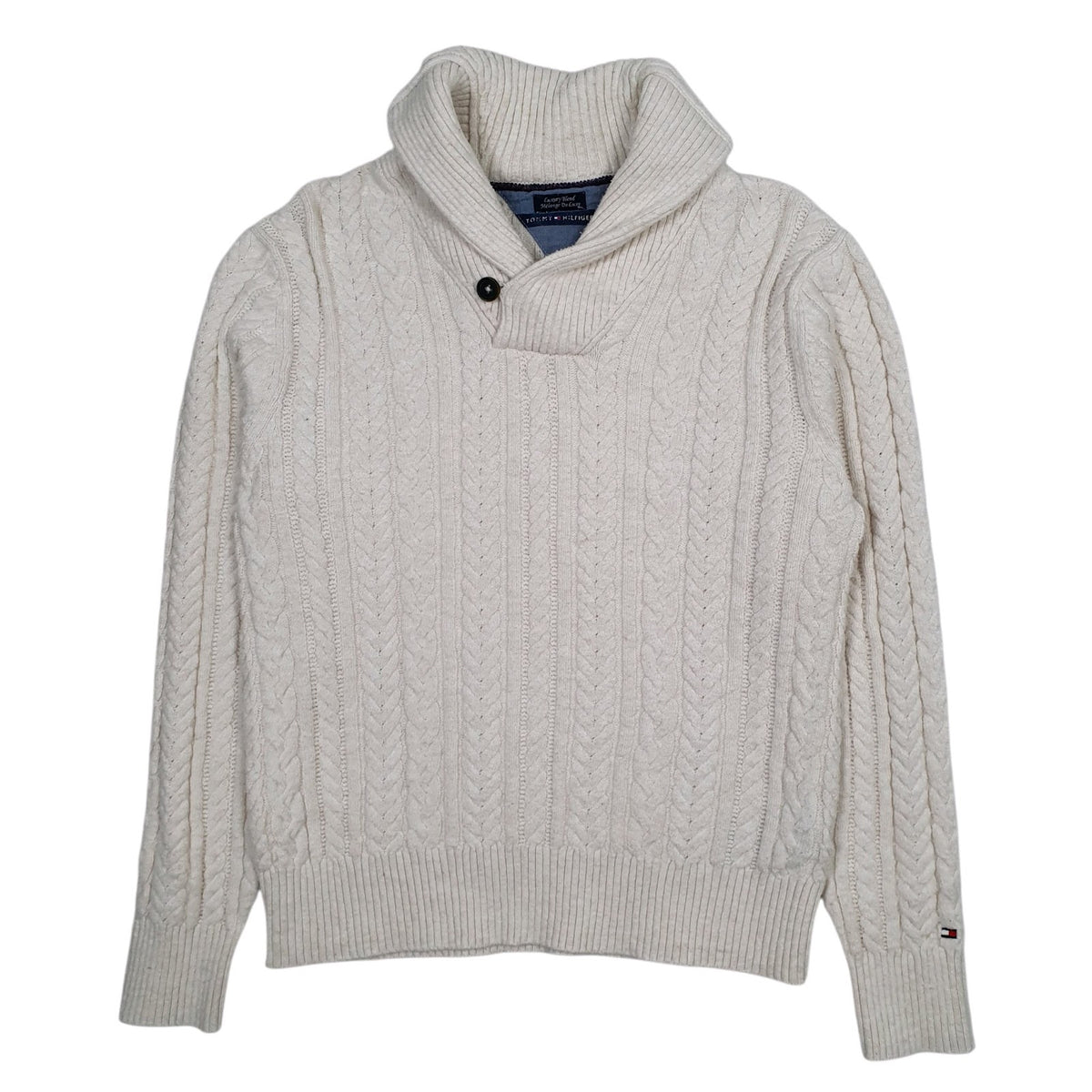 Mens Cream Tommy Hilfiger Cable Knit Shoal Neck Jumper