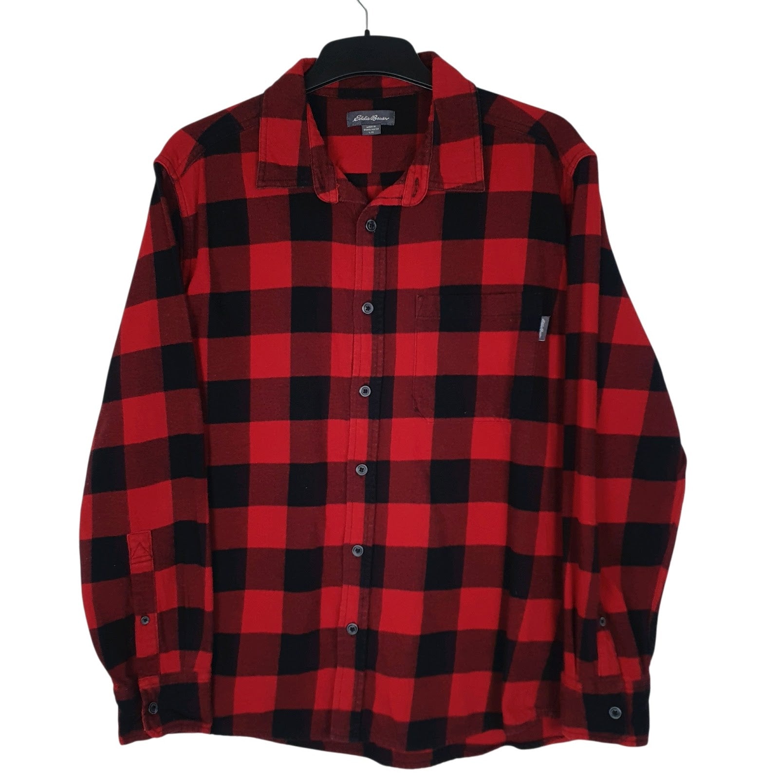 Mens Red Eddie Bauer Heavyweight Flannel Plaid Long Sleeve Shirt