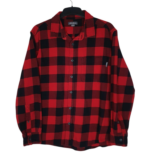 Mens Red Eddie Bauer Heavyweight Flannel Plaid Long Sleeve Shirt