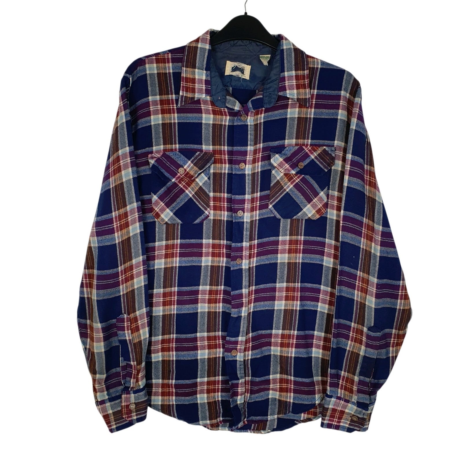 Mens Navy Sears Vintage 80s Flannel Plaid Long Sleeve Shirt