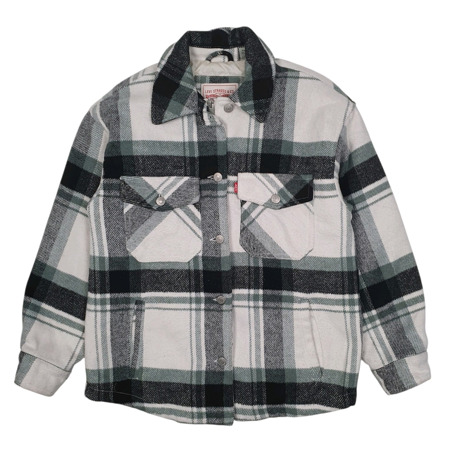 Mens Grey Levis Heavy Plaid Quilt Lined Windbreaker Hoodie Coat
