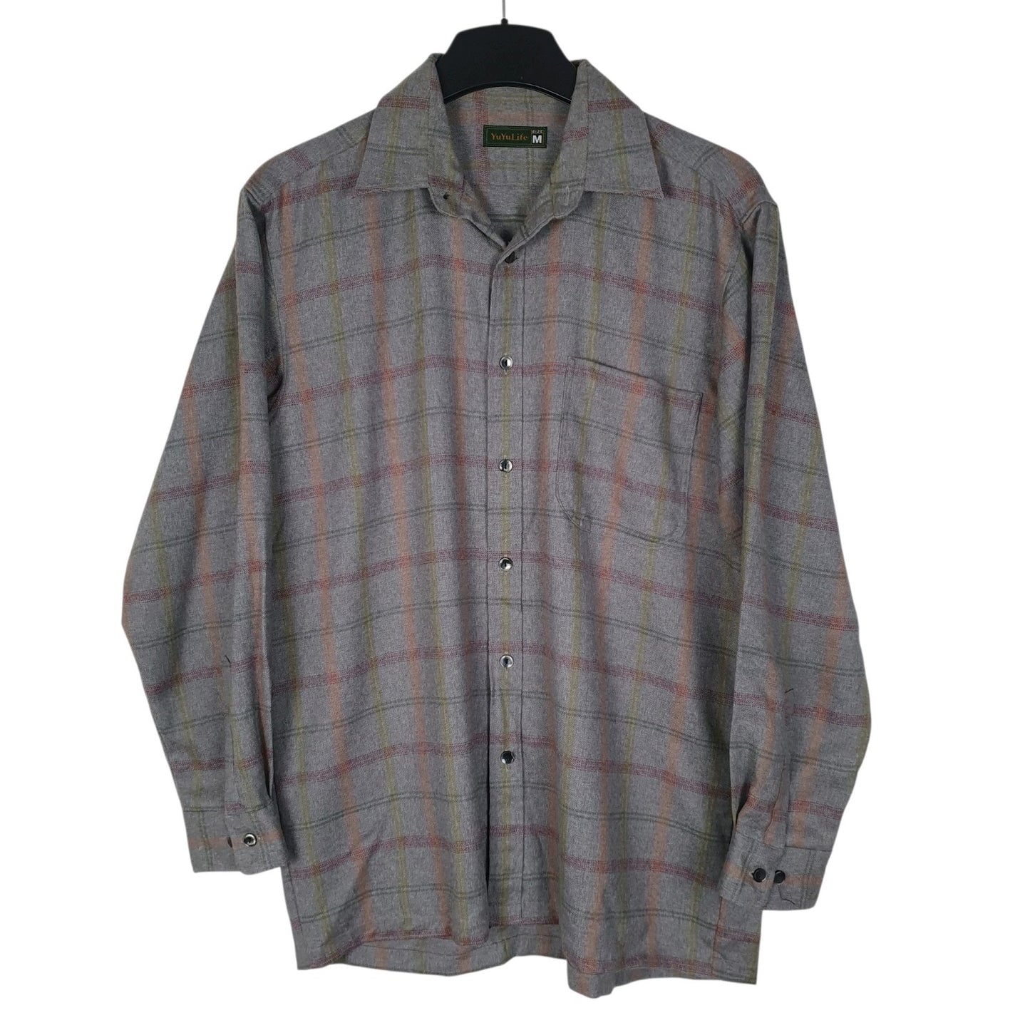 Mens Grey Yuyulife Flannel Plaid Long Sleeve Shirt