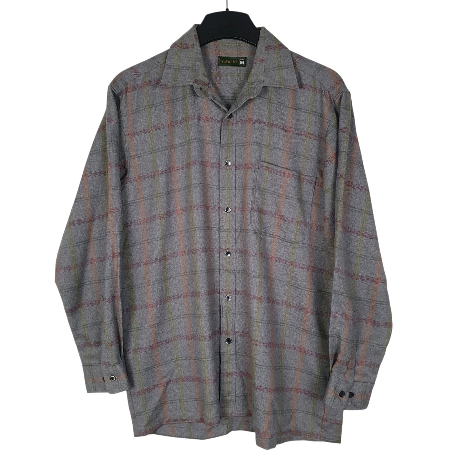 Mens Grey Yuyulife Flannel Plaid Long Sleeve Shirt
