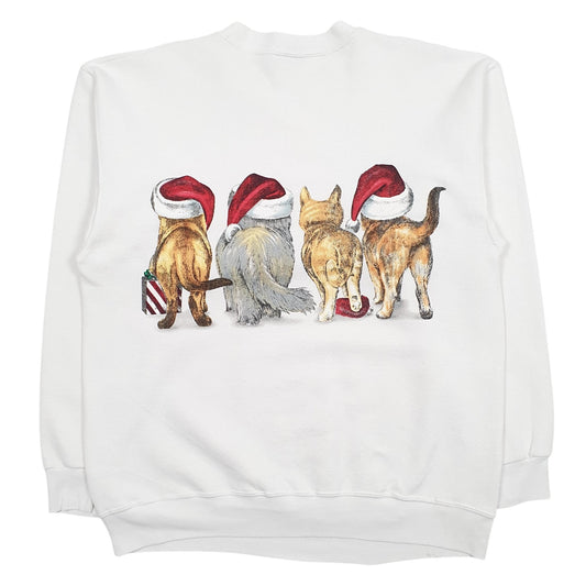 Mens White Oneita Graphic Vintage Christmas Crewneck Jumper