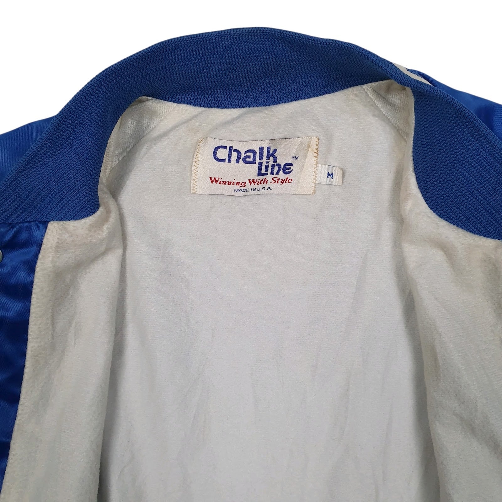 Mens Blue Chalk Line Vintage 90s Bomber Varsity Satin  Coat
