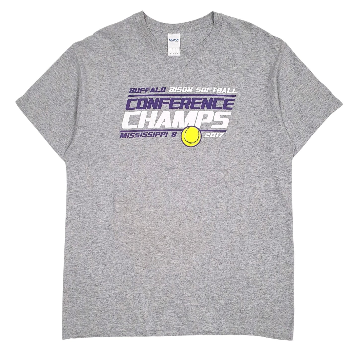Mens Grey Gildan Buffalo Bison Softball Short Sleeve T Shirt