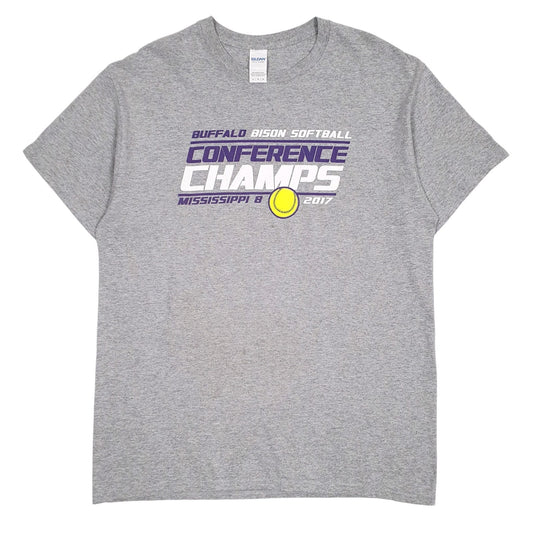 Mens Grey Gildan Buffalo Bison Softball Short Sleeve T Shirt