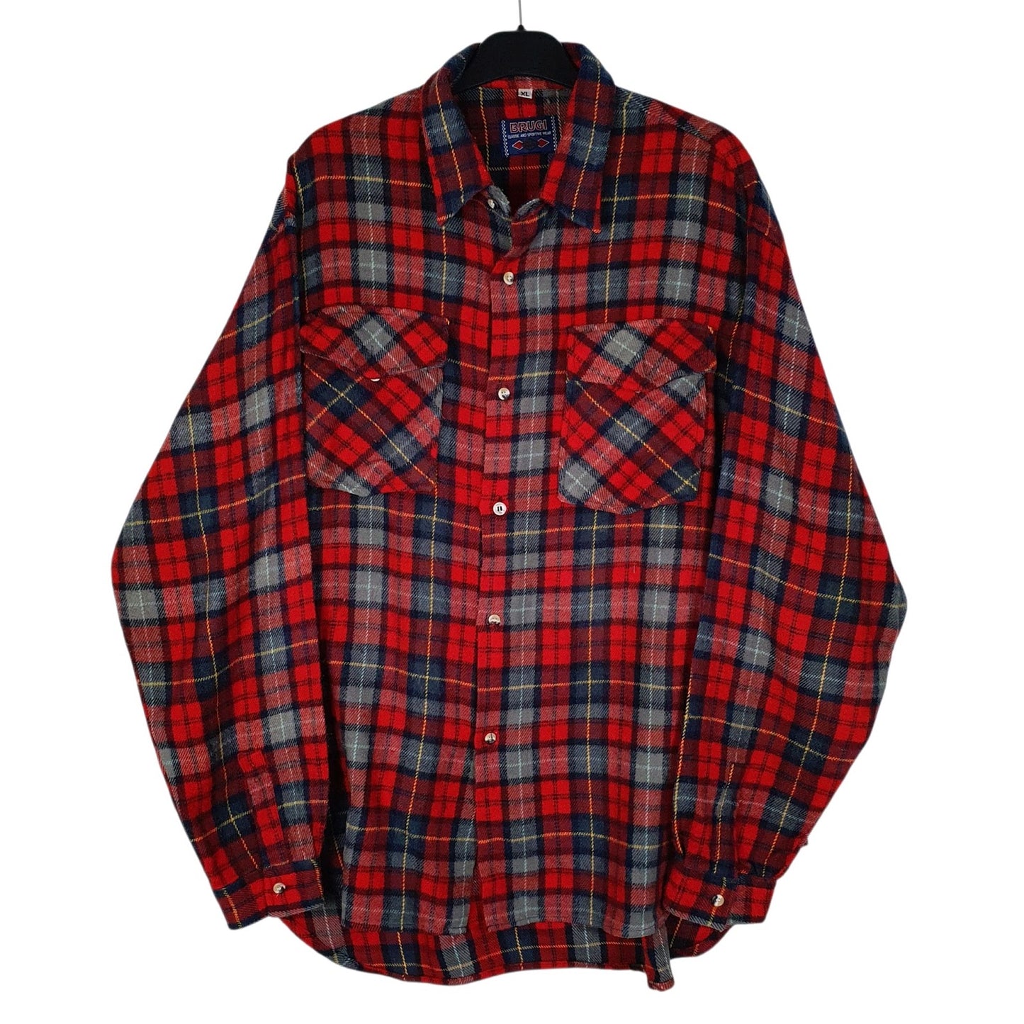Mens Red Brugi Plaid Flannel Long Sleeve Shirt