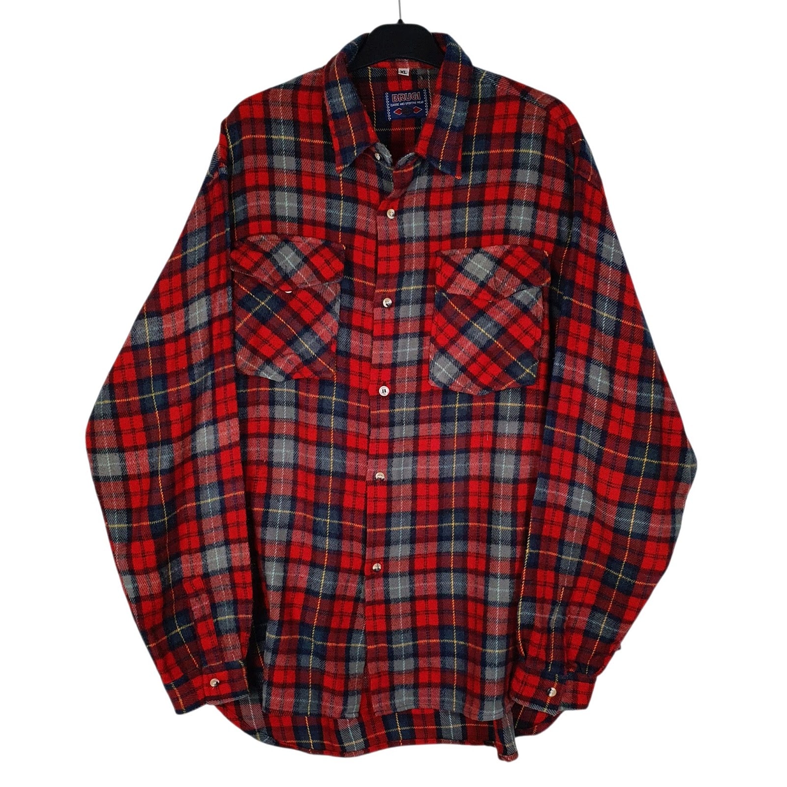 Mens Red Brugi Plaid Flannel Long Sleeve Shirt