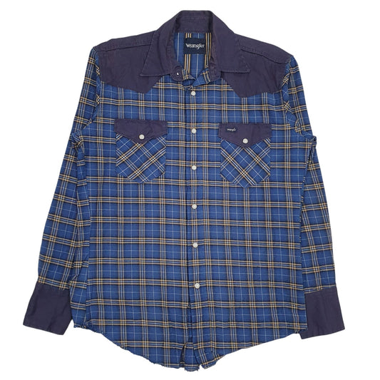 Mens Blue Wrangler Pearl Snap Workwear Long Sleeve Shirt
