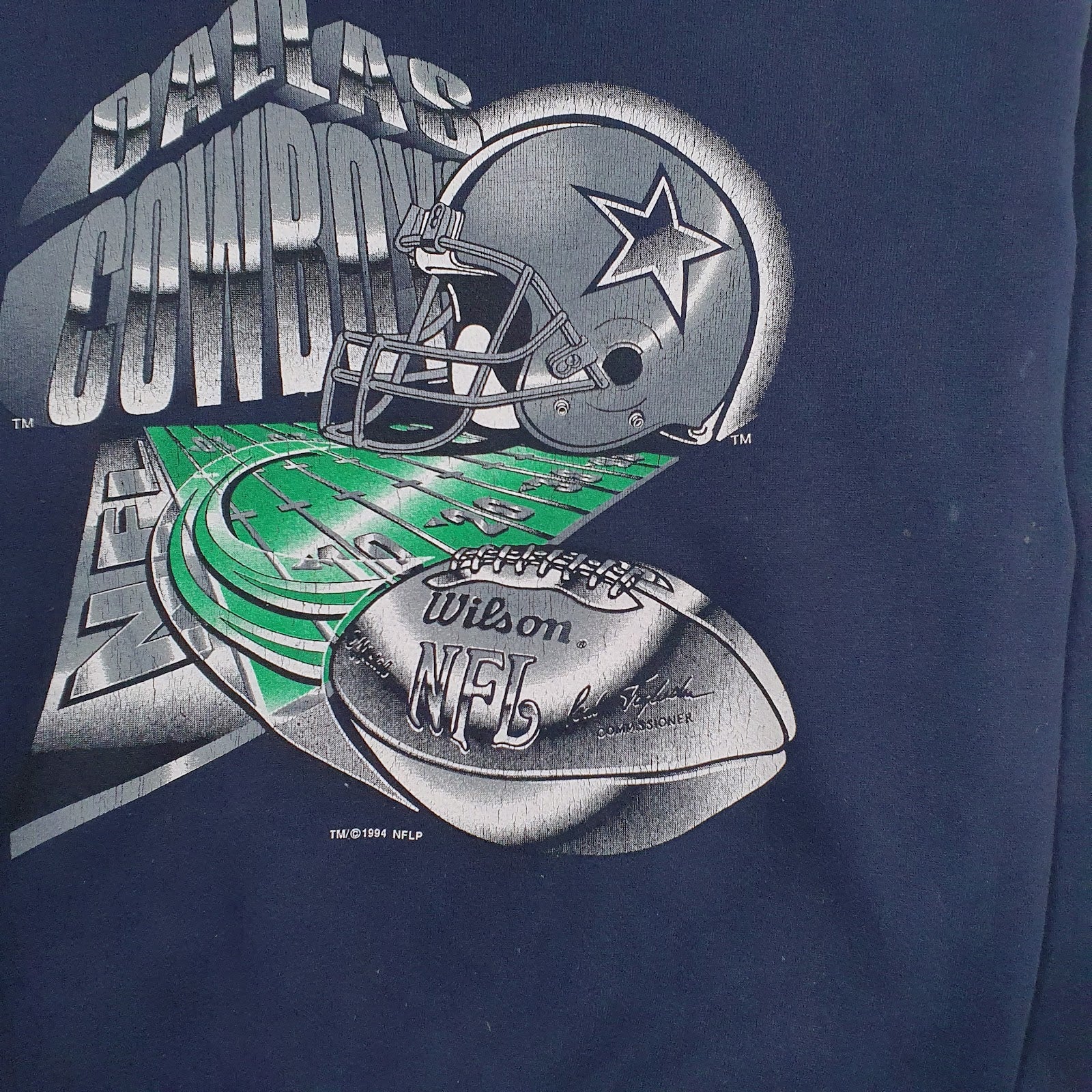 Mens Navy Logo 7 Vintage 90s Made In USA NFL Dallas Cowboys Crewneck Jumper