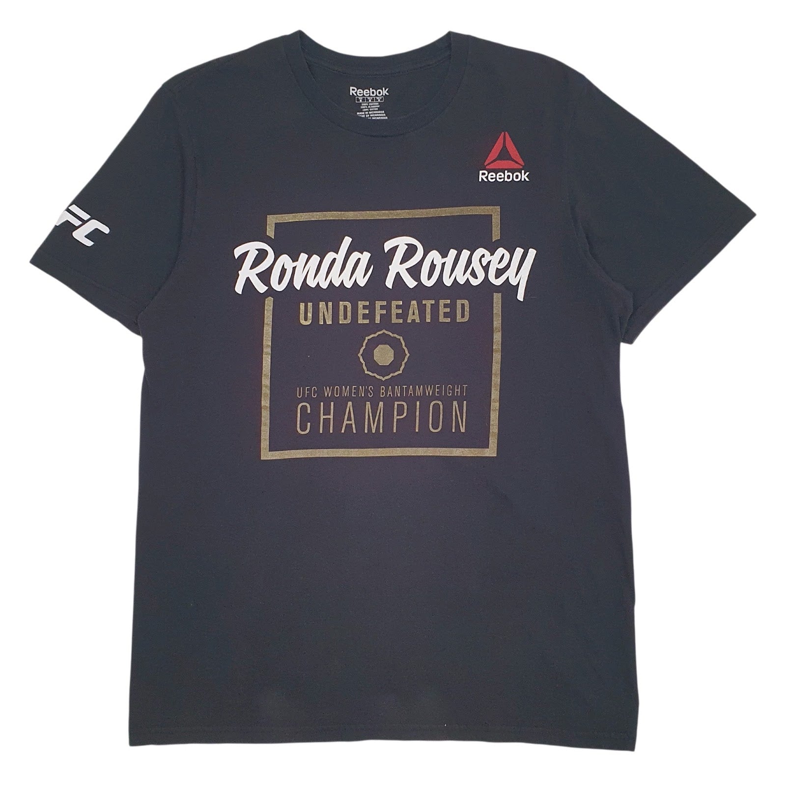 Mens Black Reebok Rounda Rousey UFC Undefeated Bantamweight Champion Short Sleeve T Shirt