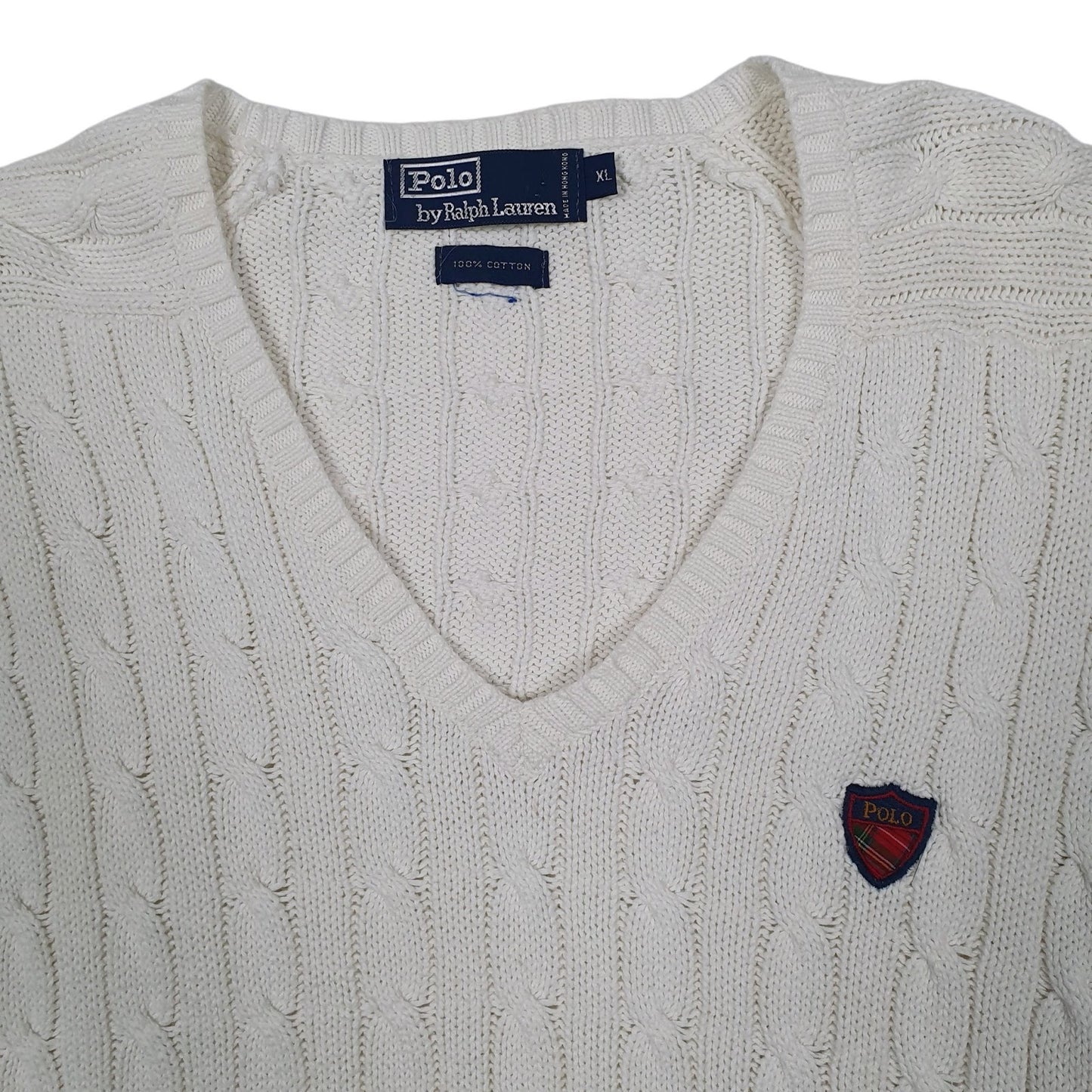 Mens White Polo Ralph Lauren Golf Cable Knit Vintage 90s V Neck Jumper