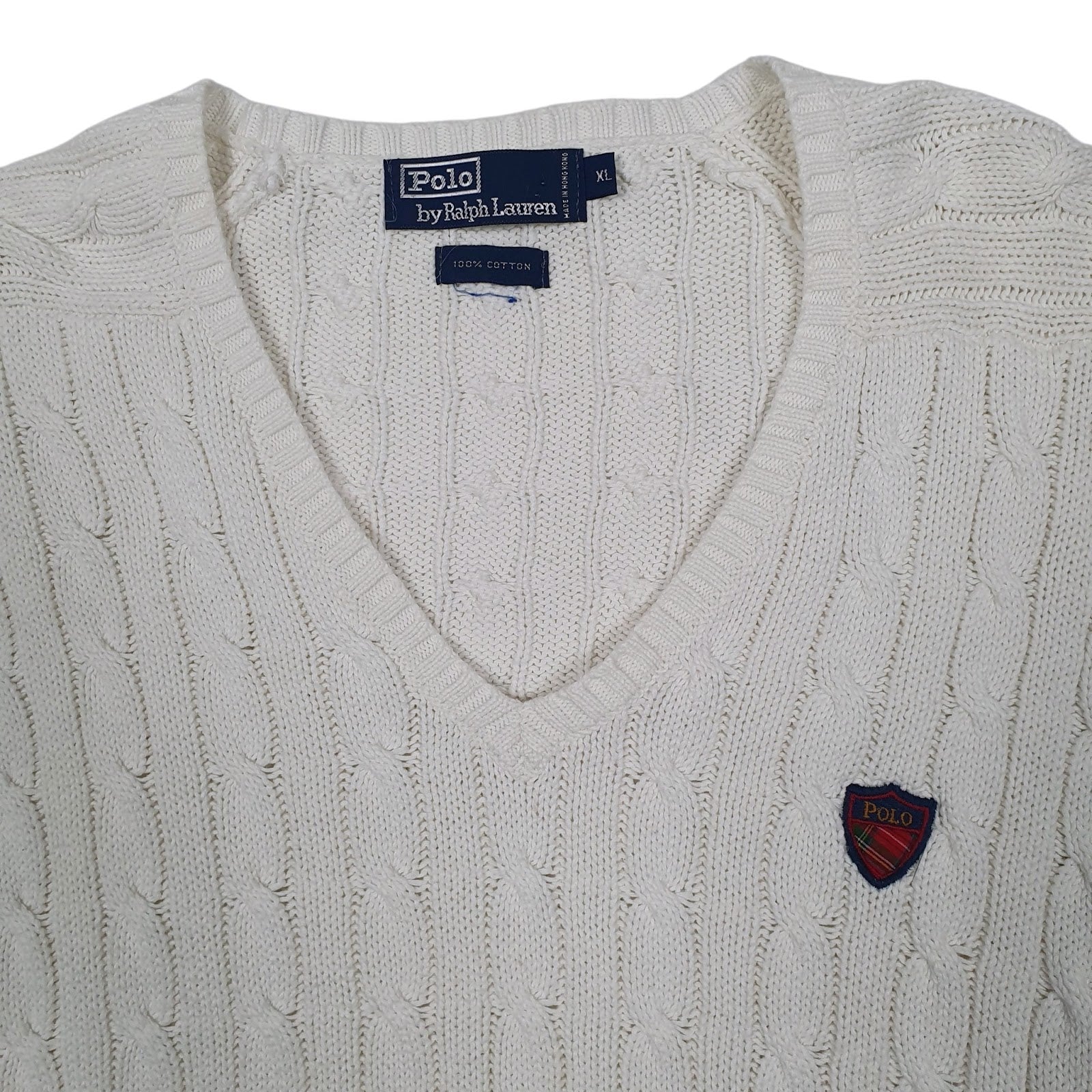 Mens White Polo Ralph Lauren Golf Cable Knit Vintage 90s V Neck Jumper