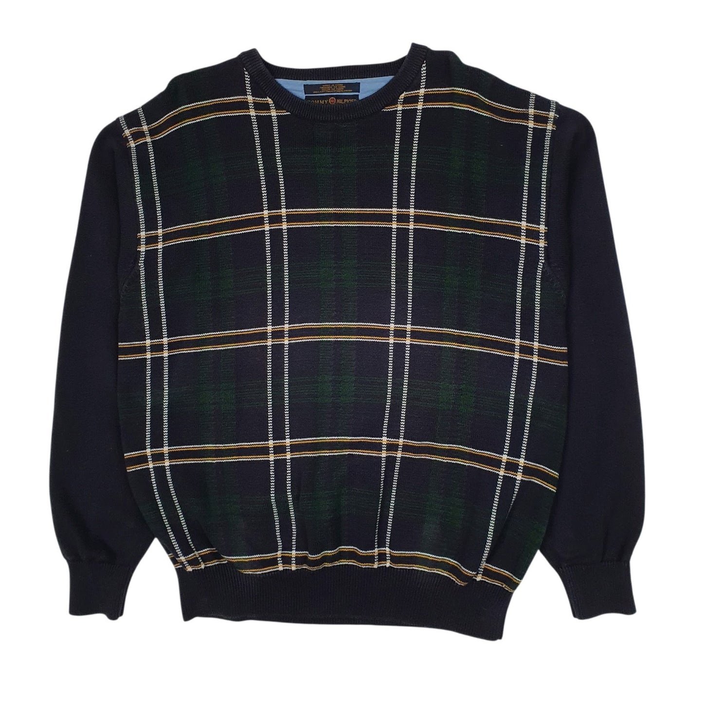 Mens Navy Tommy Hilfiger Golf Vintage 00s Plaid Crewneck Jumper