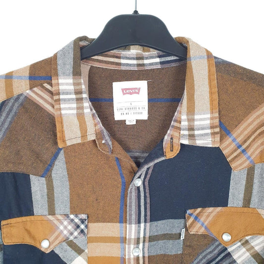 Mens Brown Levis Western Flannel Pearl Snap Cowboy Long Sleeve Shirt