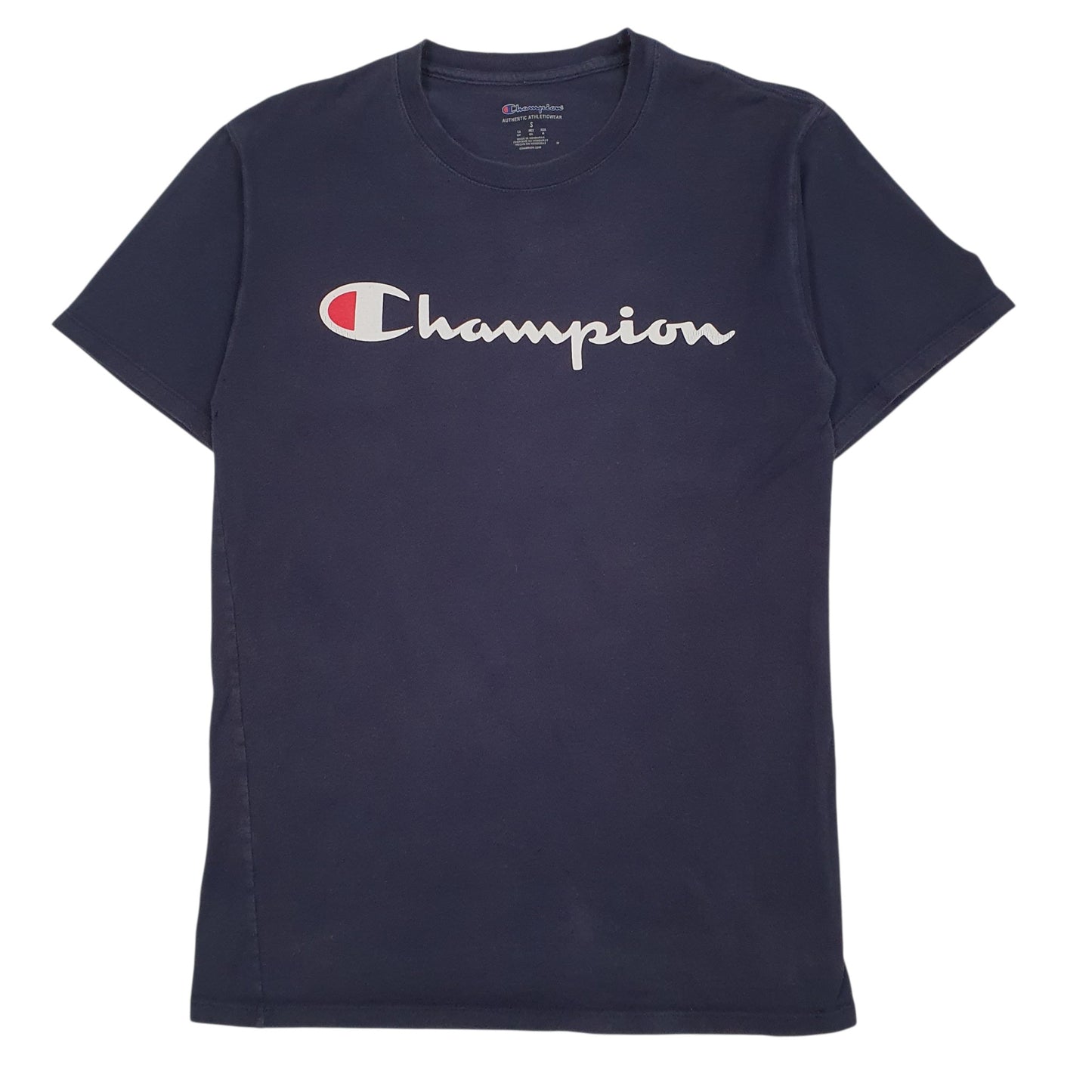CHAMPION Navy T Shirt Tee Spellout Short Sleeve Cotton Mens S